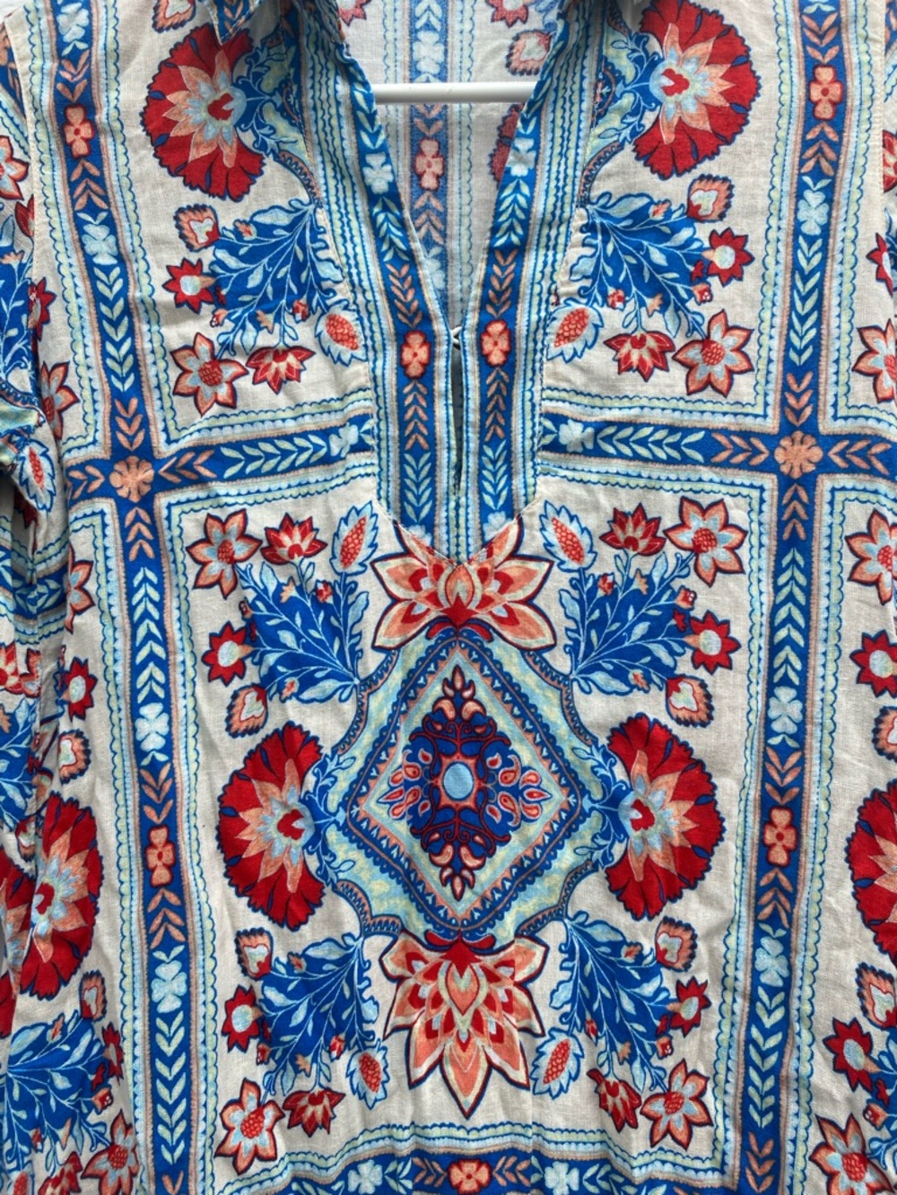 Floral Linen Tile-Print Midi Dress in Blue & Red Summer Beach Coverup🏝️ - Picture 2 of 7